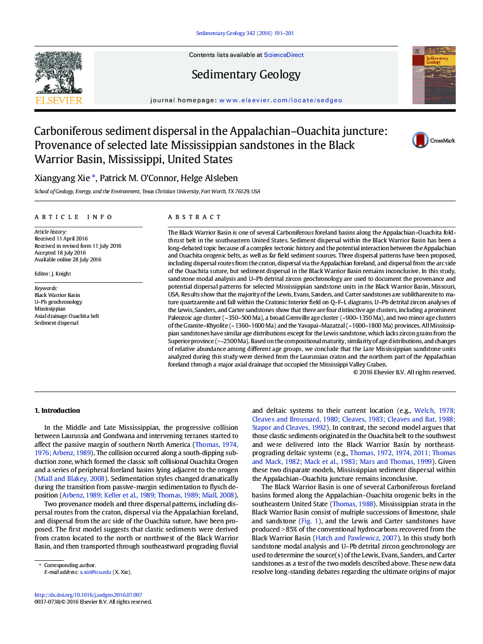 Carboniferous sediment dispersal in the Appalachian–Ouachita juncture: Provenance of selected late Mississippian sandstones in the Black Warrior Basin, Mississippi, United States