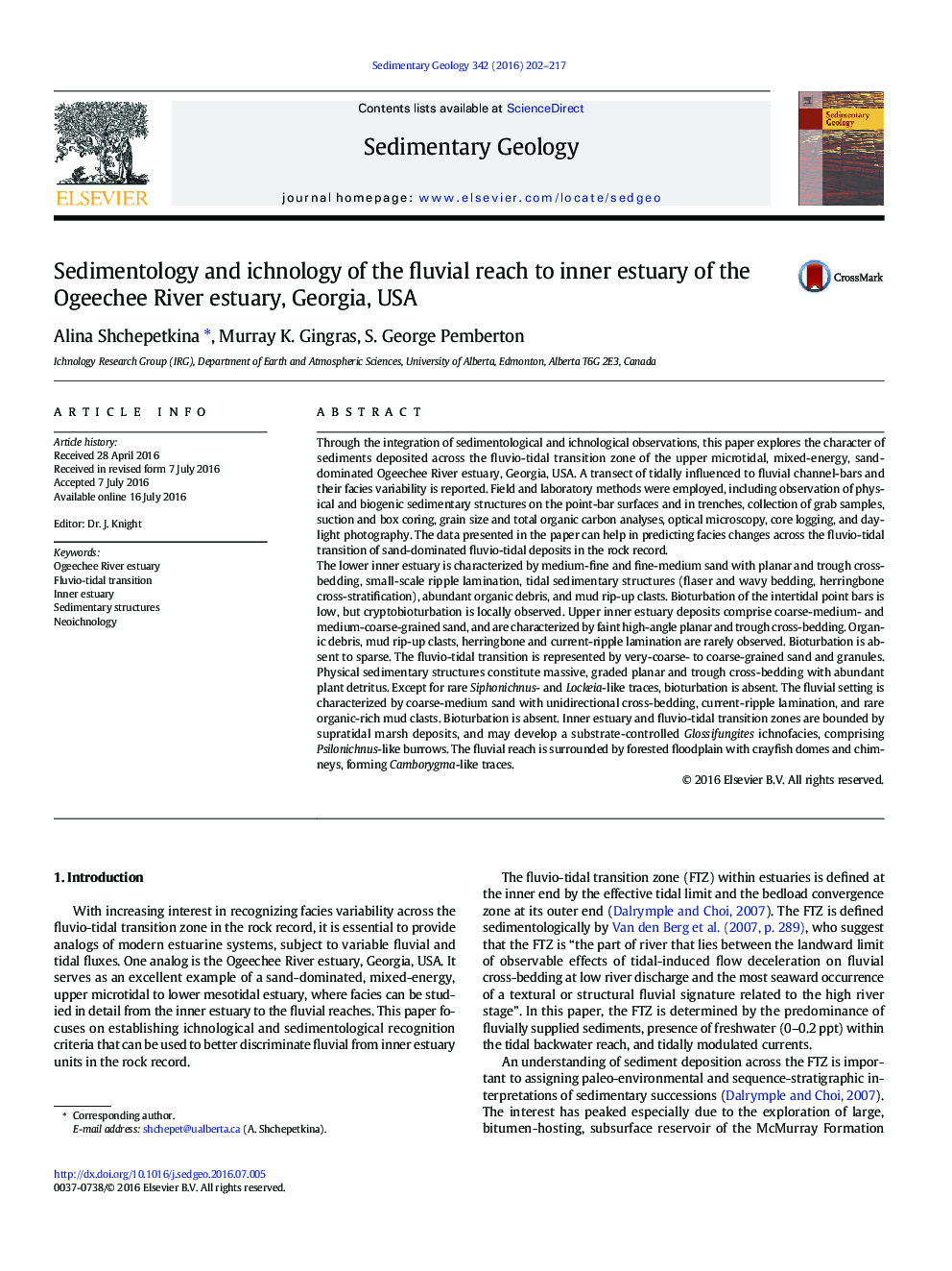 Sedimentology and ichnology of the fluvial reach to inner estuary of the Ogeechee River estuary, Georgia, USA