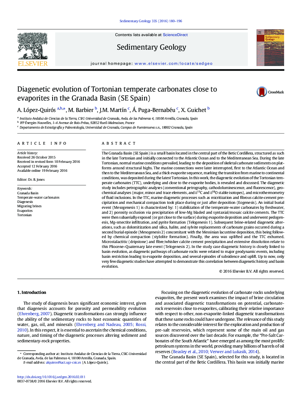 Diagenetic evolution of Tortonian temperate carbonates close to evaporites in the Granada Basin (SE Spain)