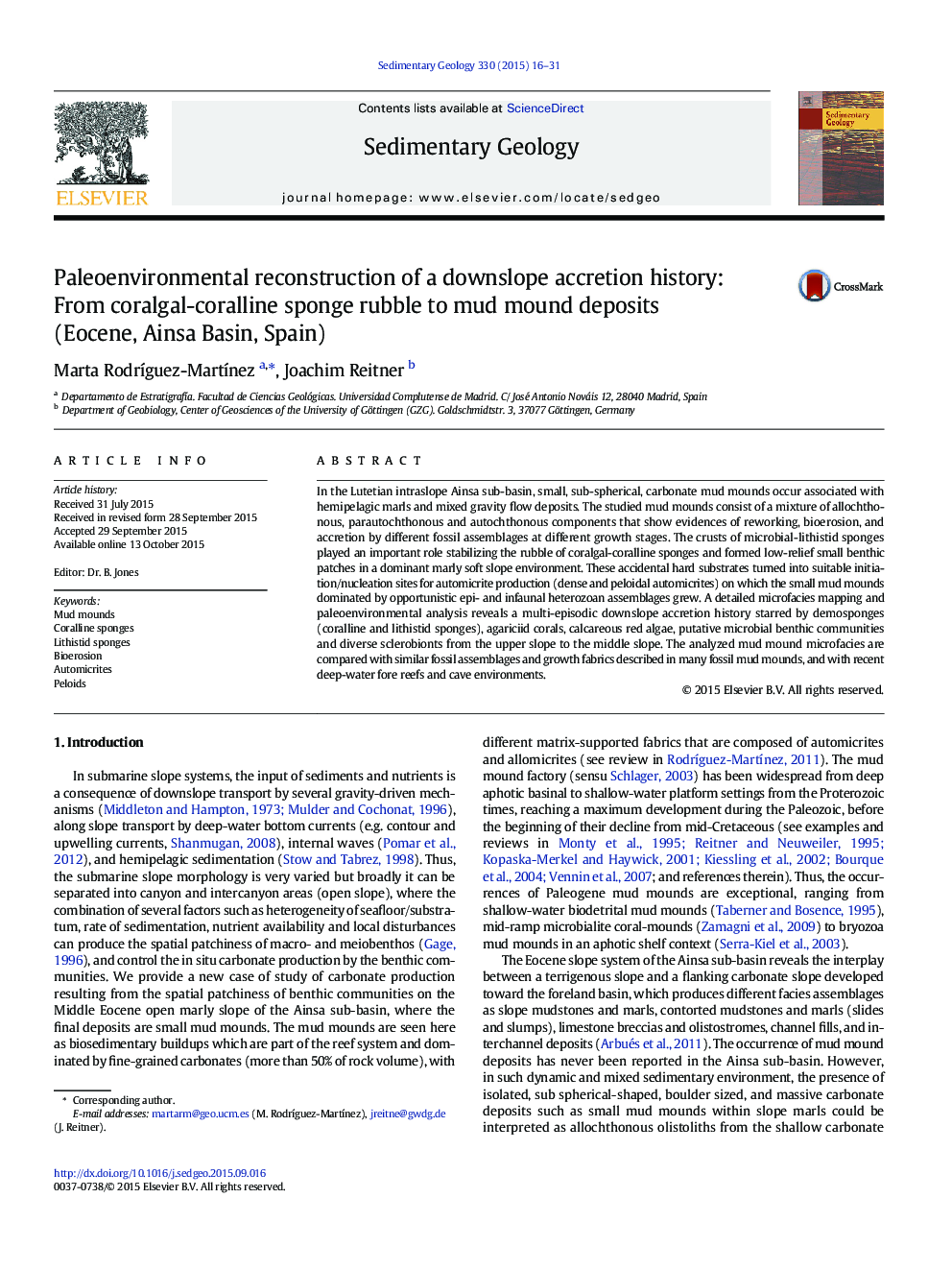 Paleoenvironmental reconstruction of a downslope accretion history: From coralgal-coralline sponge rubble to mud mound deposits (Eocene, Ainsa Basin, Spain)