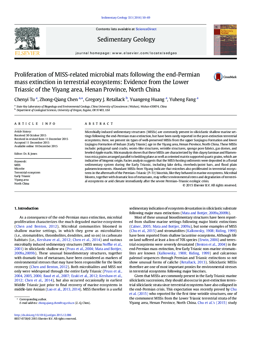 Proliferation of MISS-related microbial mats following the end-Permian mass extinction in terrestrial ecosystems: Evidence from the Lower Triassic of the Yiyang area, Henan Province, North China