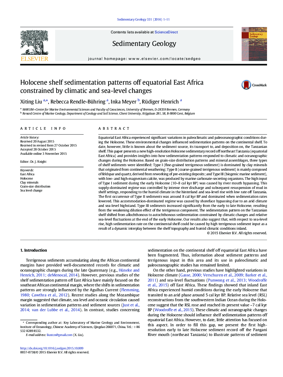 Holocene shelf sedimentation patterns off equatorial East Africa constrained by climatic and sea-level changes