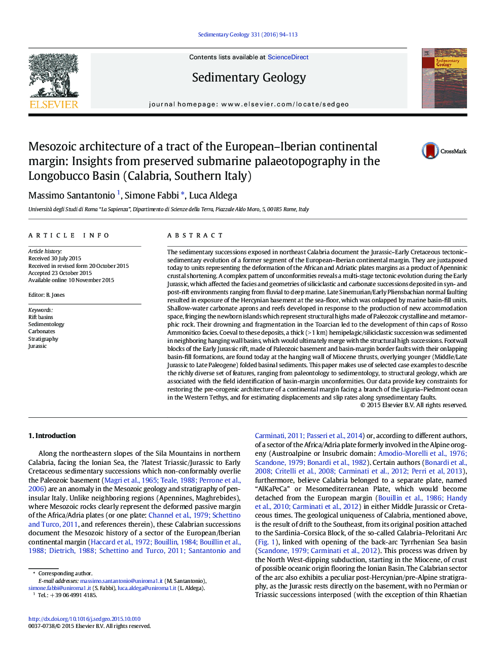 Mesozoic architecture of a tract of the European–Iberian continental margin: Insights from preserved submarine palaeotopography in the Longobucco Basin (Calabria, Southern Italy)