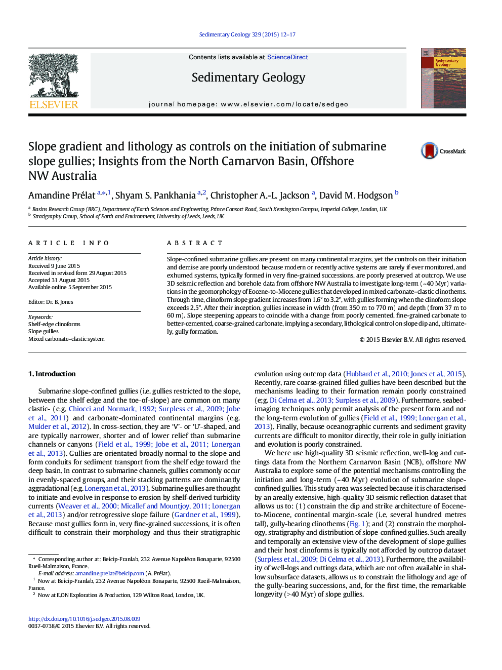 Slope gradient and lithology as controls on the initiation of submarine slope gullies; Insights from the North Carnarvon Basin, Offshore NW Australia