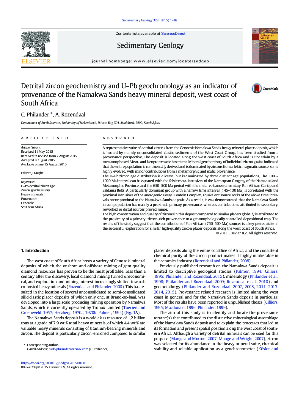 Detrital zircon geochemistry and U–Pb geochronology as an indicator of provenance of the Namakwa Sands heavy mineral deposit, west coast of South Africa