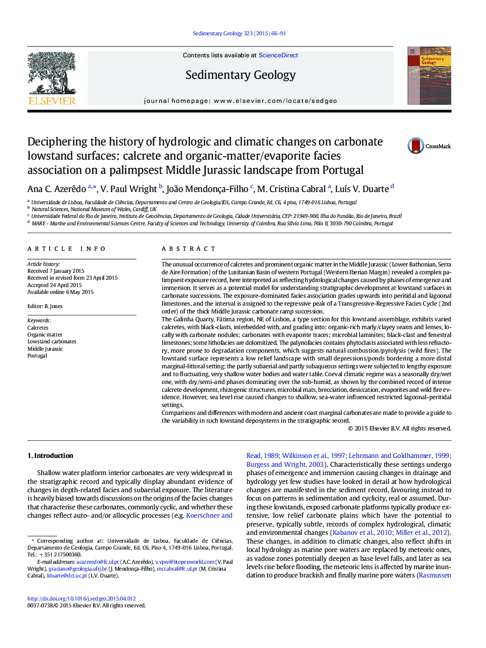 Deciphering the history of hydrologic and climatic changes on carbonate lowstand surfaces: calcrete and organic-matter/evaporite facies association on a palimpsest Middle Jurassic landscape from Portugal