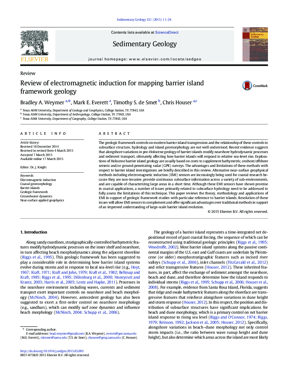 Review of electromagnetic induction for mapping barrier island framework geology