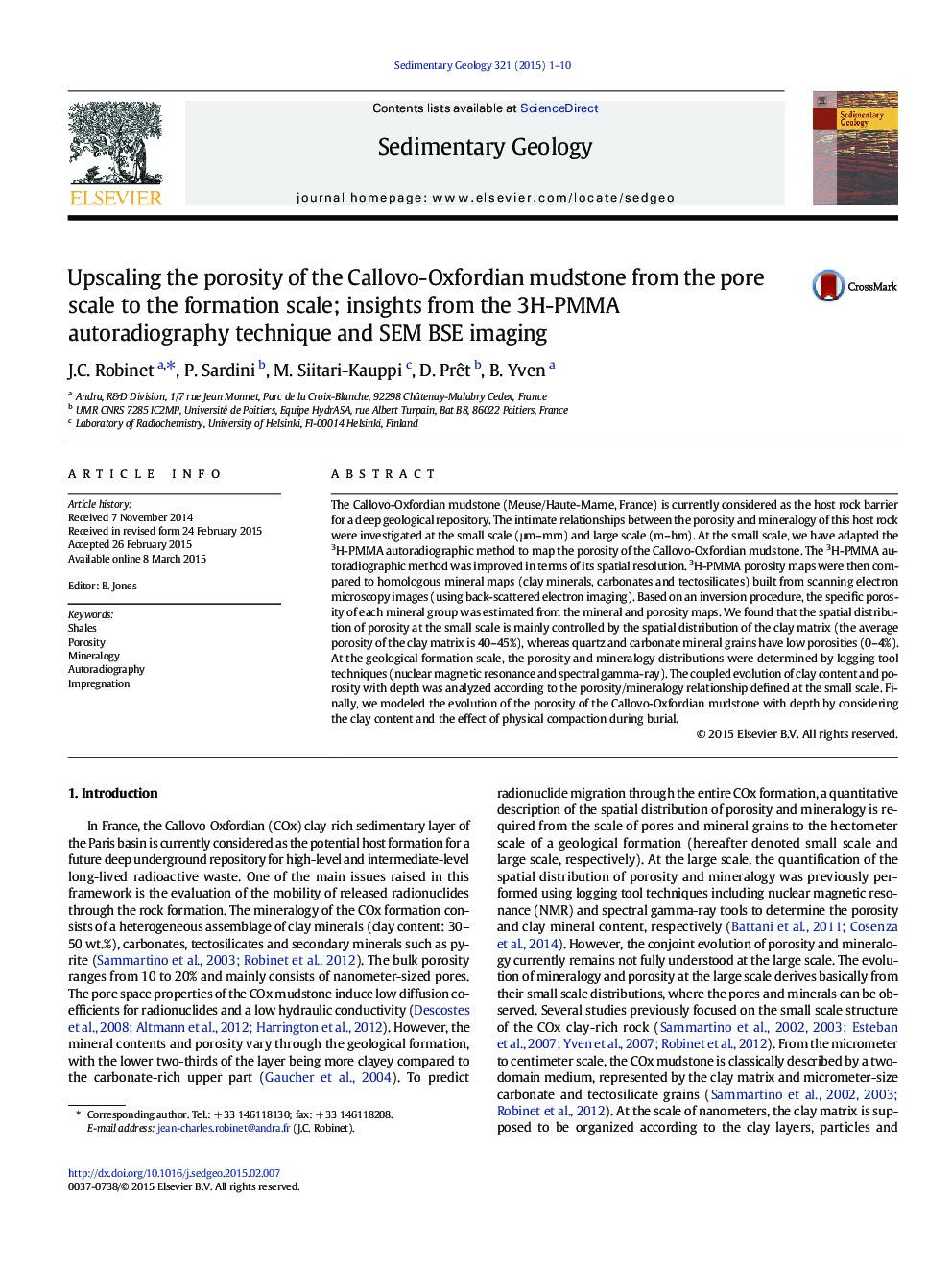 Upscaling the porosity of the Callovo-Oxfordian mudstone from the pore scale to the formation scale; insights from the 3H-PMMA autoradiography technique and SEM BSE imaging