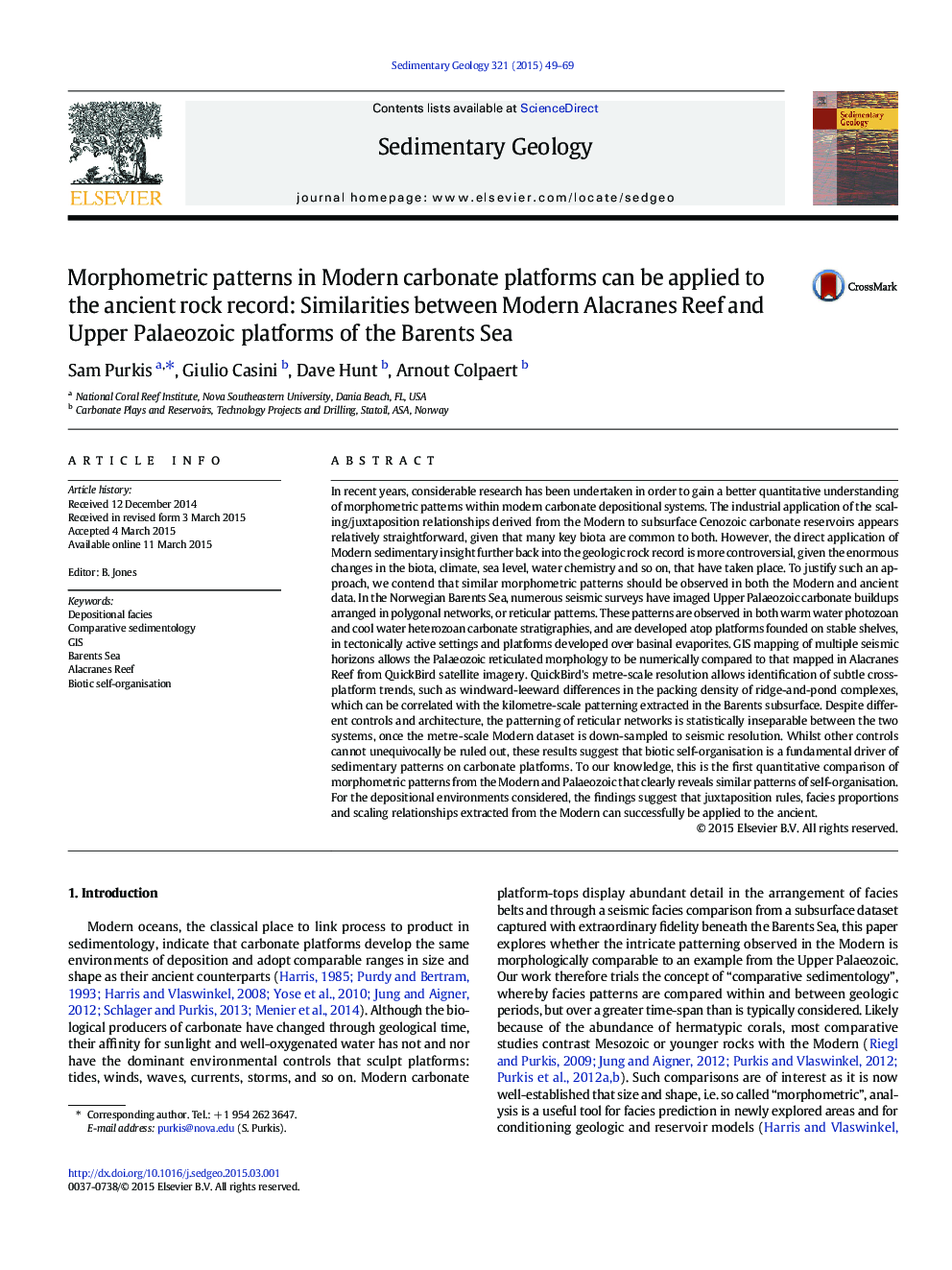 Morphometric patterns in Modern carbonate platforms can be applied to the ancient rock record: Similarities between Modern Alacranes Reef and Upper Palaeozoic platforms of the Barents Sea