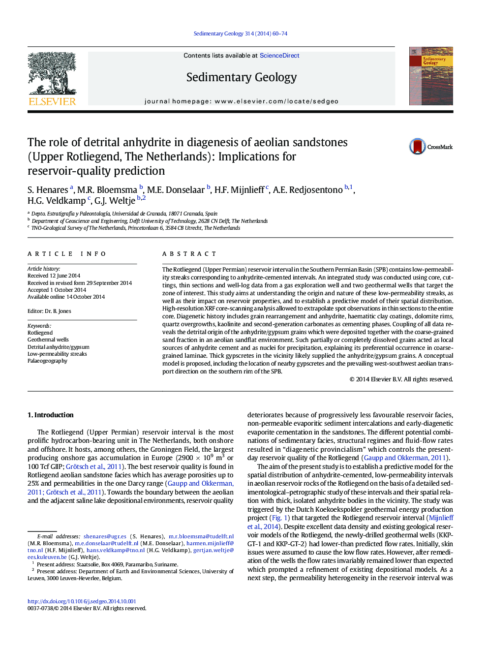 The role of detrital anhydrite in diagenesis of aeolian sandstones (Upper Rotliegend, The Netherlands): Implications for reservoir-quality prediction