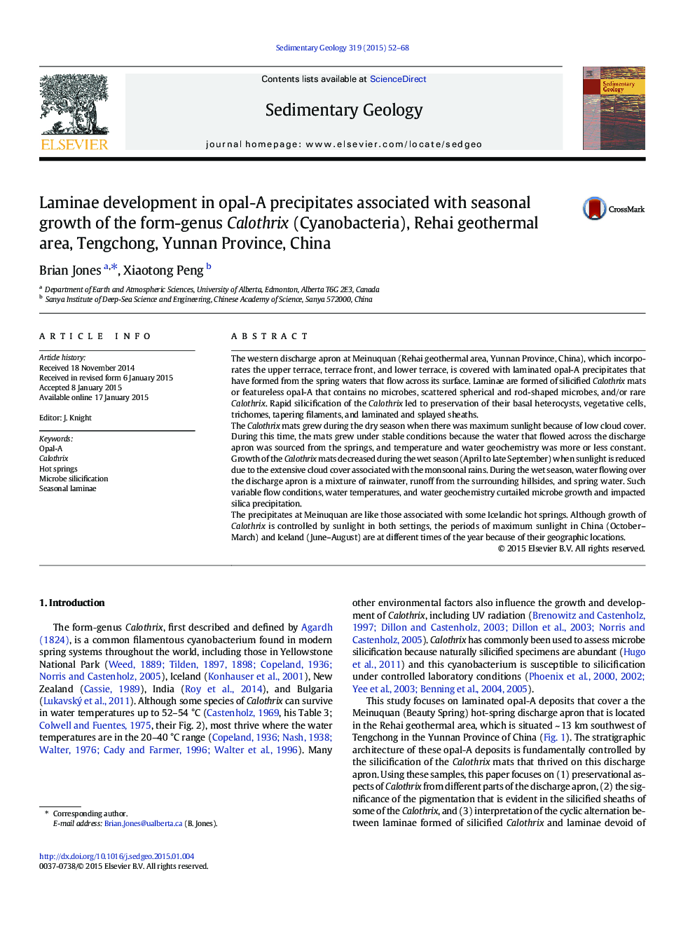 Laminae development in opal-A precipitates associated with seasonal growth of the form-genus Calothrix (Cyanobacteria), Rehai geothermal area, Tengchong, Yunnan Province, China