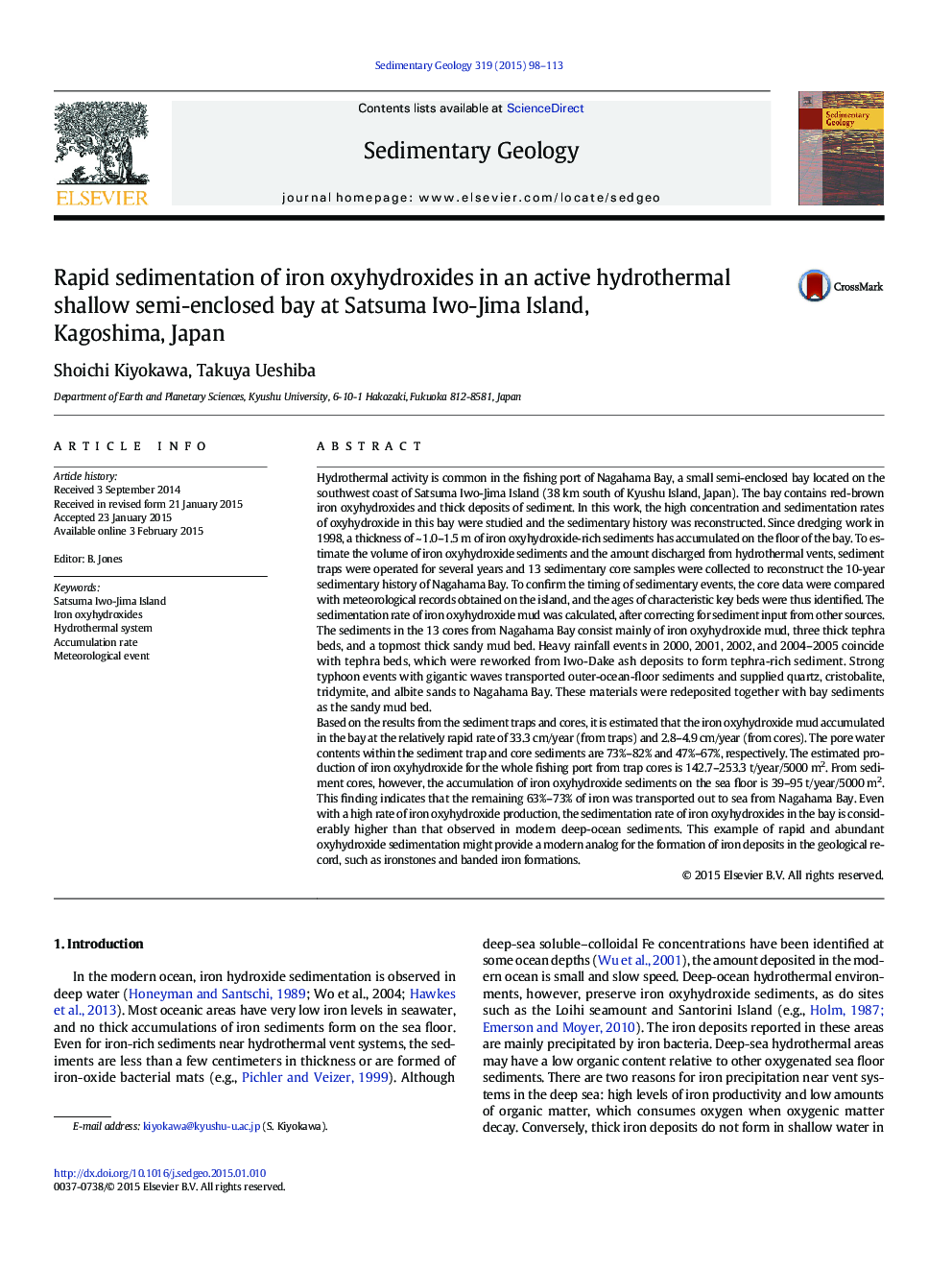 Rapid sedimentation of iron oxyhydroxides in an active hydrothermal shallow semi-enclosed bay at Satsuma Iwo-Jima Island, Kagoshima, Japan