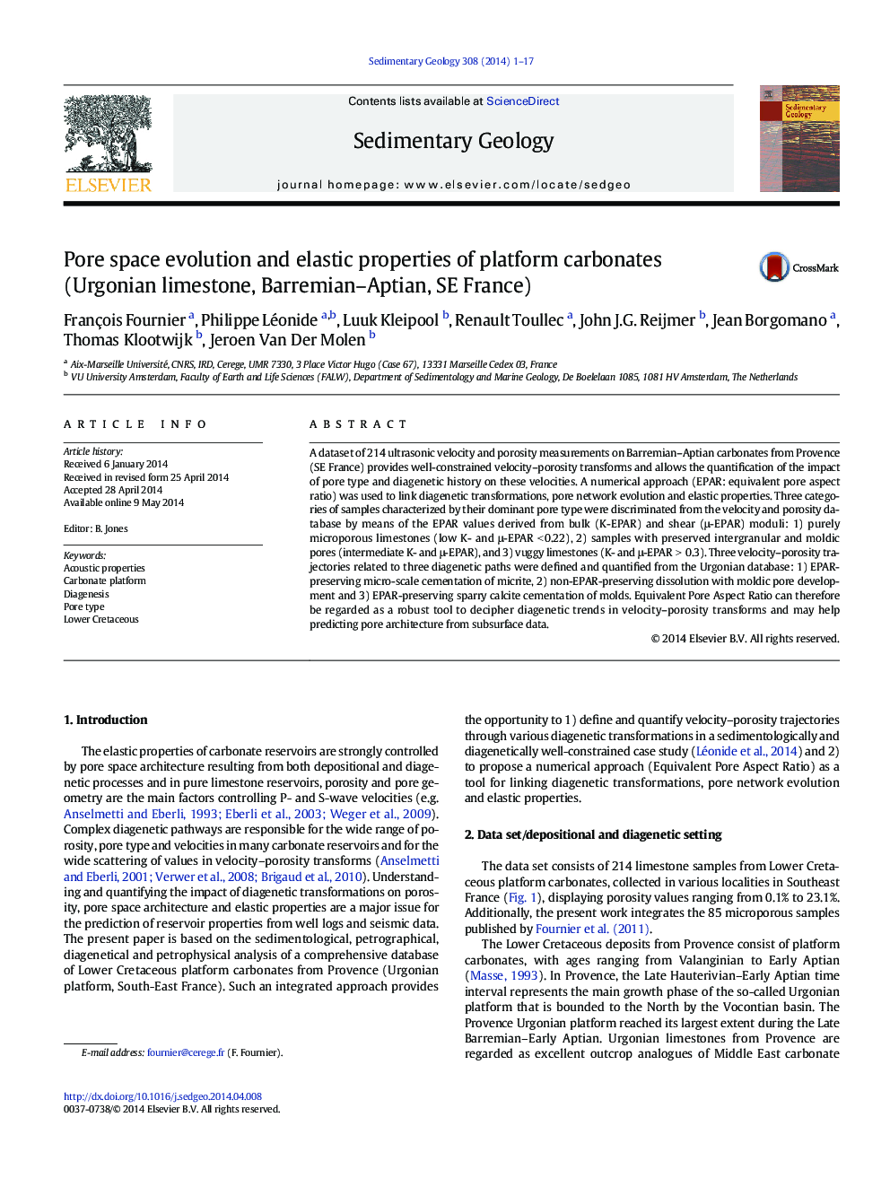 Pore space evolution and elastic properties of platform carbonates (Urgonian limestone, Barremian–Aptian, SE France)