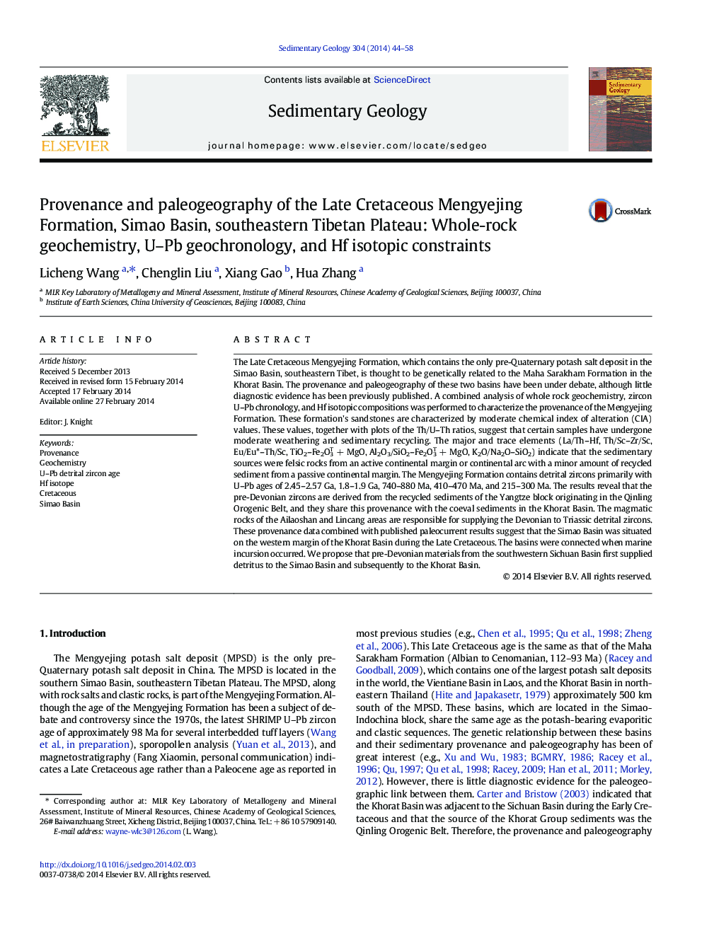 Provenance and paleogeography of the Late Cretaceous Mengyejing Formation, Simao Basin, southeastern Tibetan Plateau: Whole-rock geochemistry, U–Pb geochronology, and Hf isotopic constraints