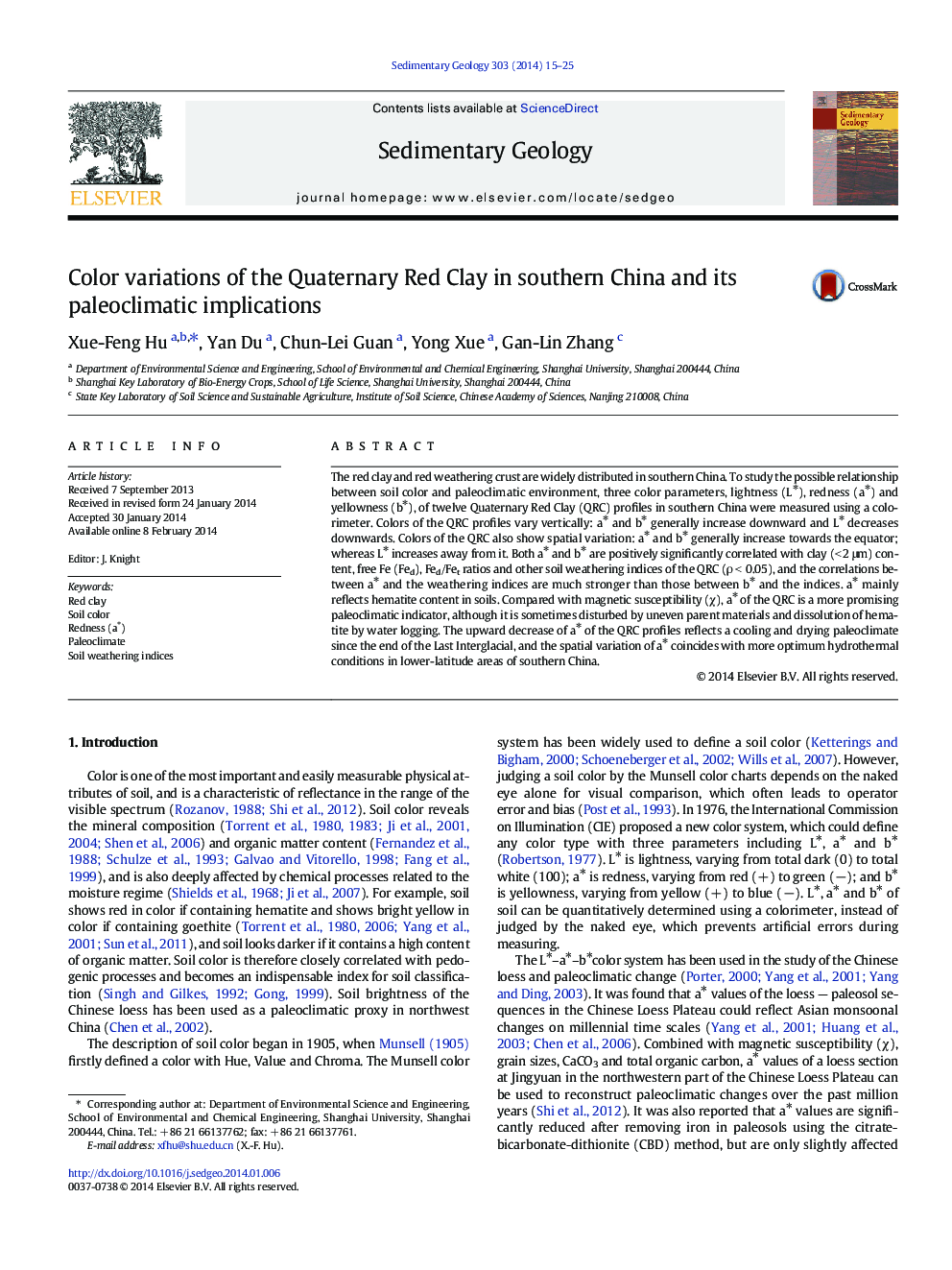 Color variations of the Quaternary Red Clay in southern China and its paleoclimatic implications