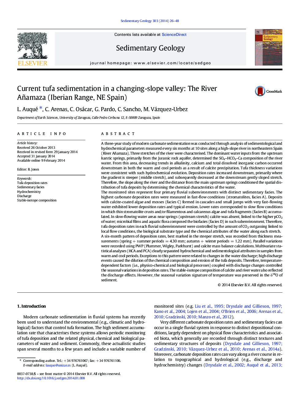 Current tufa sedimentation in a changing-slope valley: The River Añamaza (Iberian Range, NE Spain)