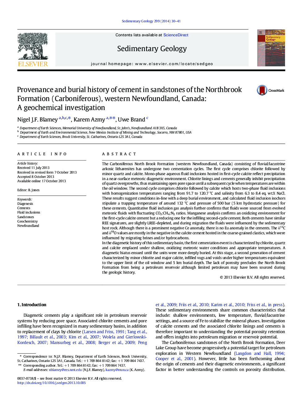 Provenance and burial history of cement in sandstones of the Northbrook Formation (Carboniferous), western Newfoundland, Canada: A geochemical investigation