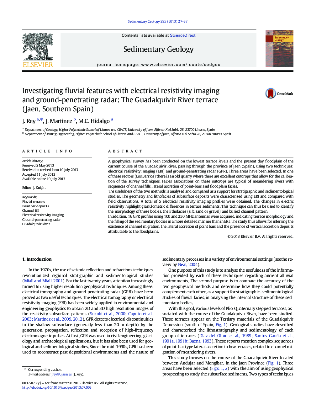 Investigating fluvial features with electrical resistivity imaging and ground-penetrating radar: The Guadalquivir River terrace (Jaen, Southern Spain)