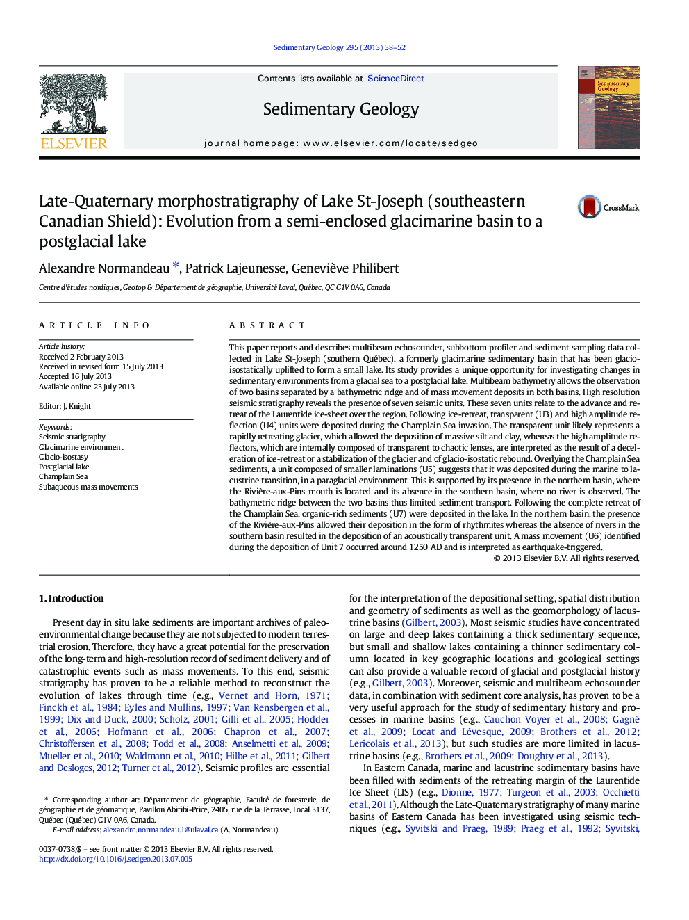 Late-Quaternary morphostratigraphy of Lake St-Joseph (southeastern Canadian Shield): Evolution from a semi-enclosed glacimarine basin to a postglacial lake