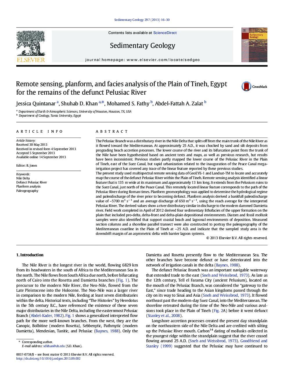 Remote sensing, planform, and facies analysis of the Plain of Tineh, Egypt for the remains of the defunct Pelusiac River