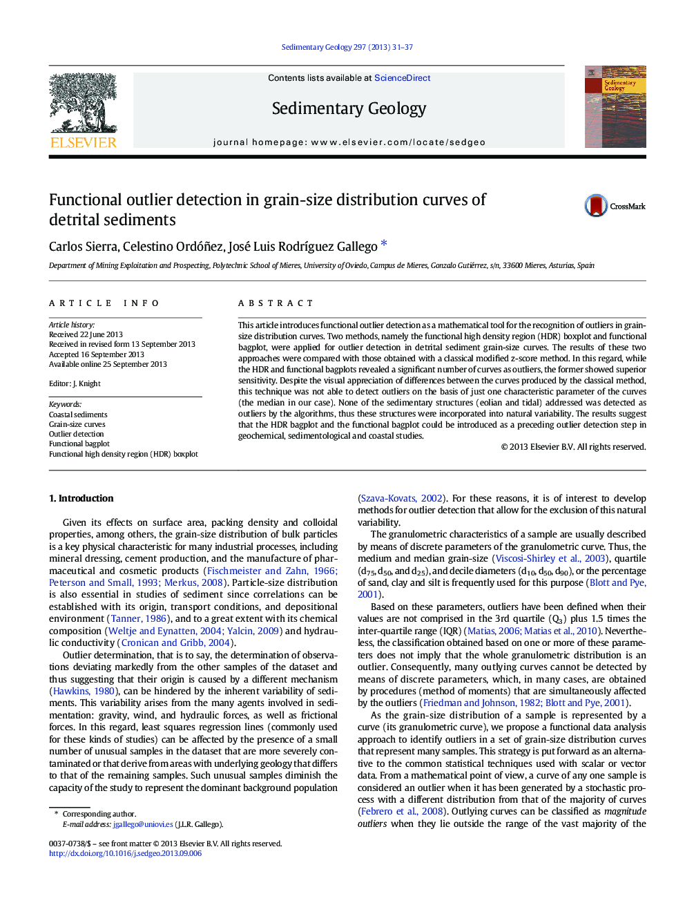 Functional outlier detection in grain-size distribution curves of detrital sediments