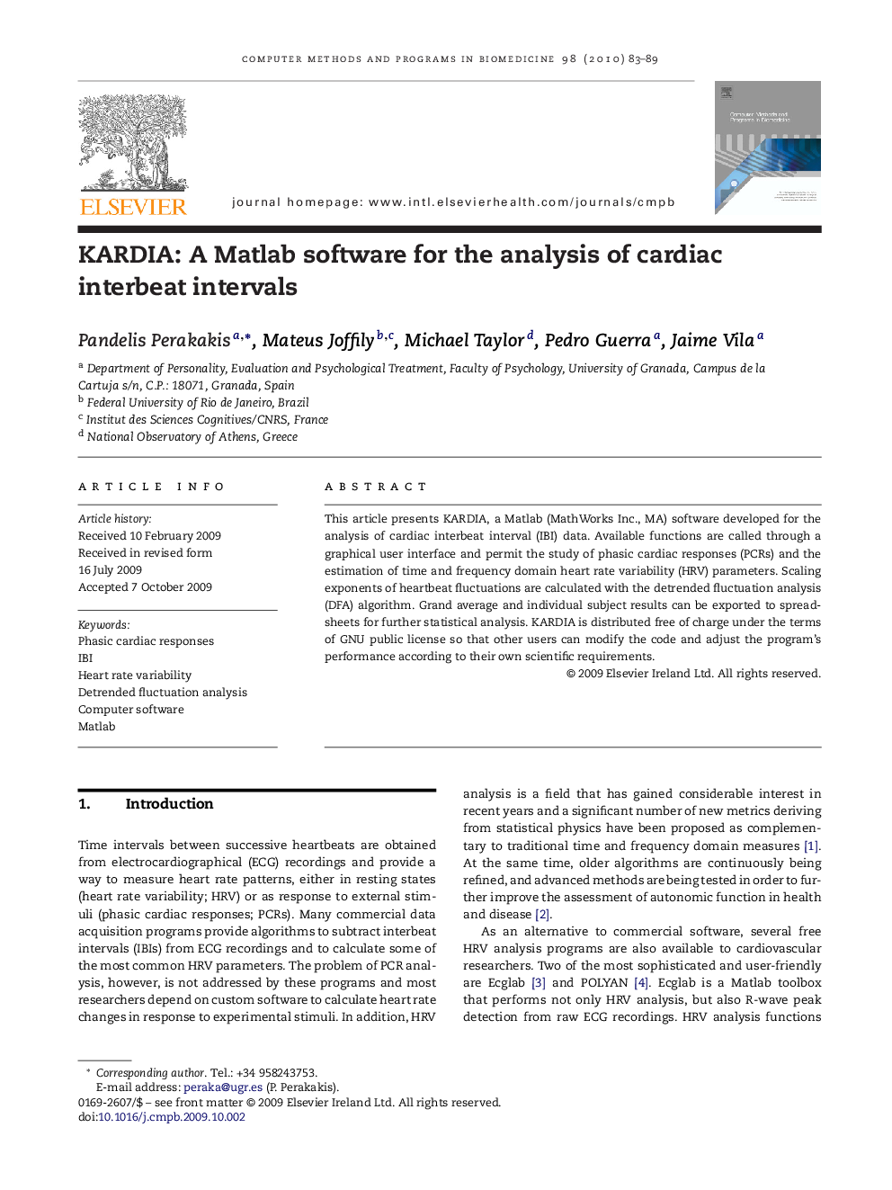 KARDIA: A Matlab software for the analysis of cardiac interbeat intervals