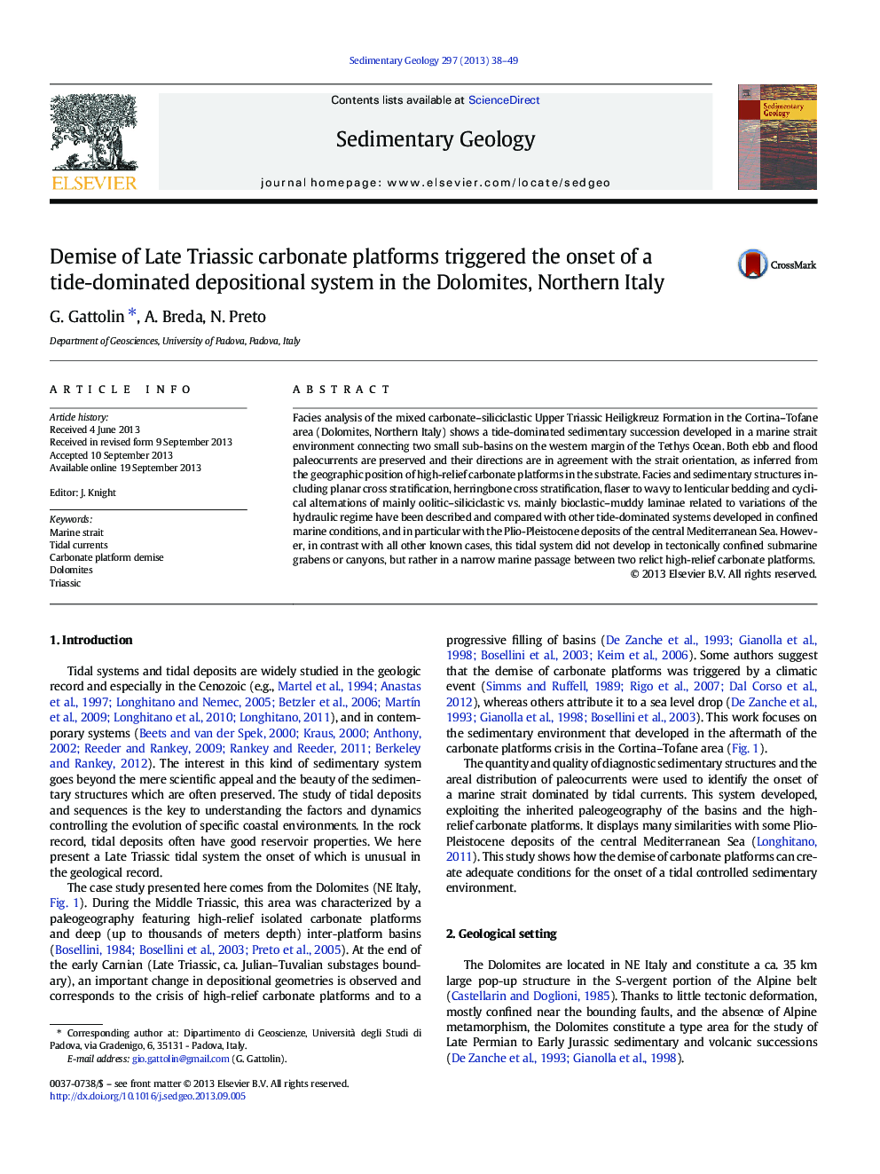 Demise of Late Triassic carbonate platforms triggered the onset of a tide-dominated depositional system in the Dolomites, Northern Italy