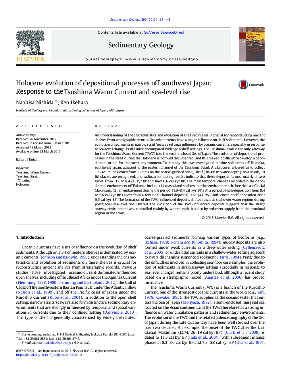 Holocene evolution of depositional processes off southwest Japan: Response to the Tsushima Warm Current and sea-level rise