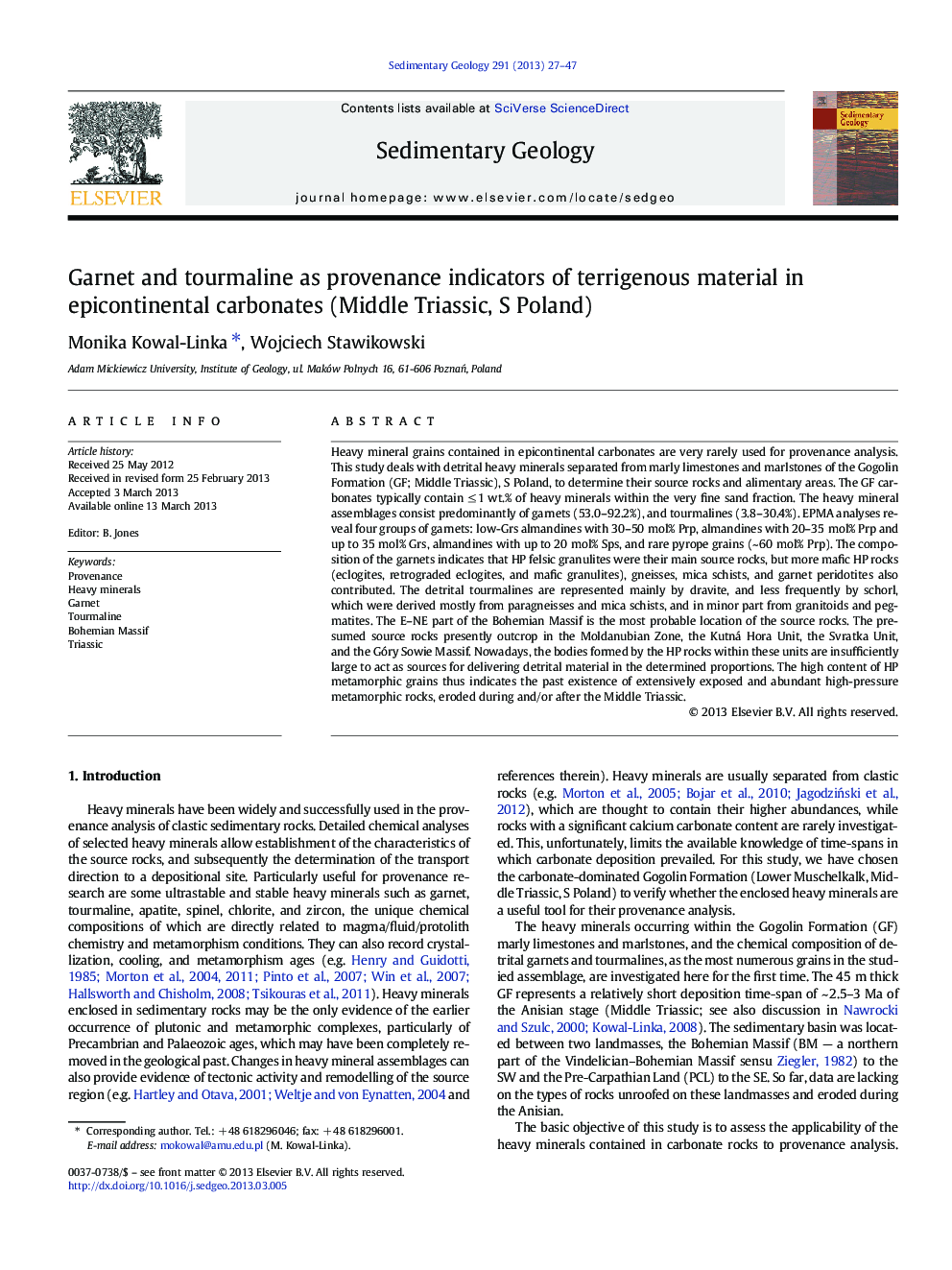 Garnet and tourmaline as provenance indicators of terrigenous material in epicontinental carbonates (Middle Triassic, S Poland)