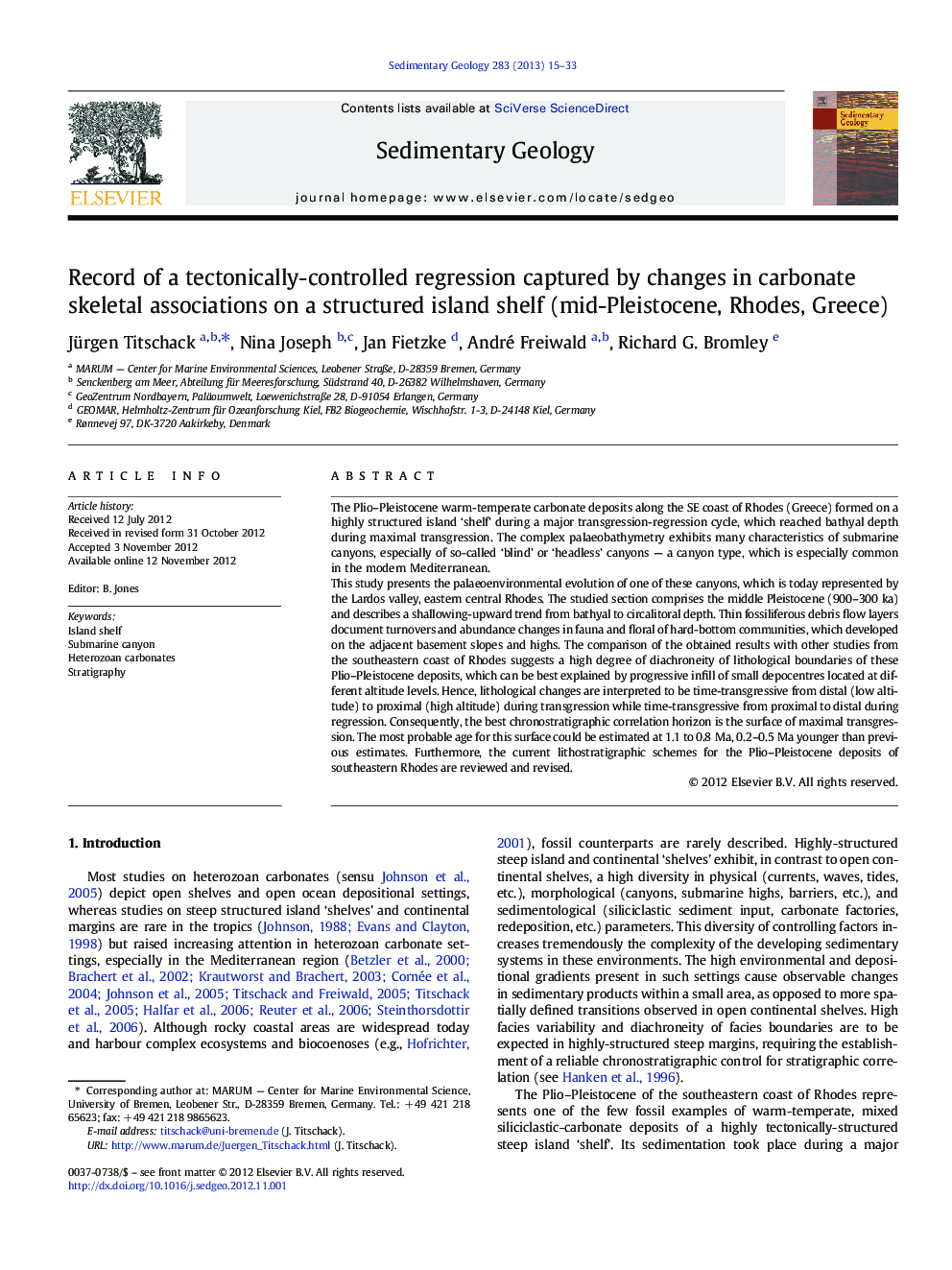 Record of a tectonically-controlled regression captured by changes in carbonate skeletal associations on a structured island shelf (mid-Pleistocene, Rhodes, Greece)