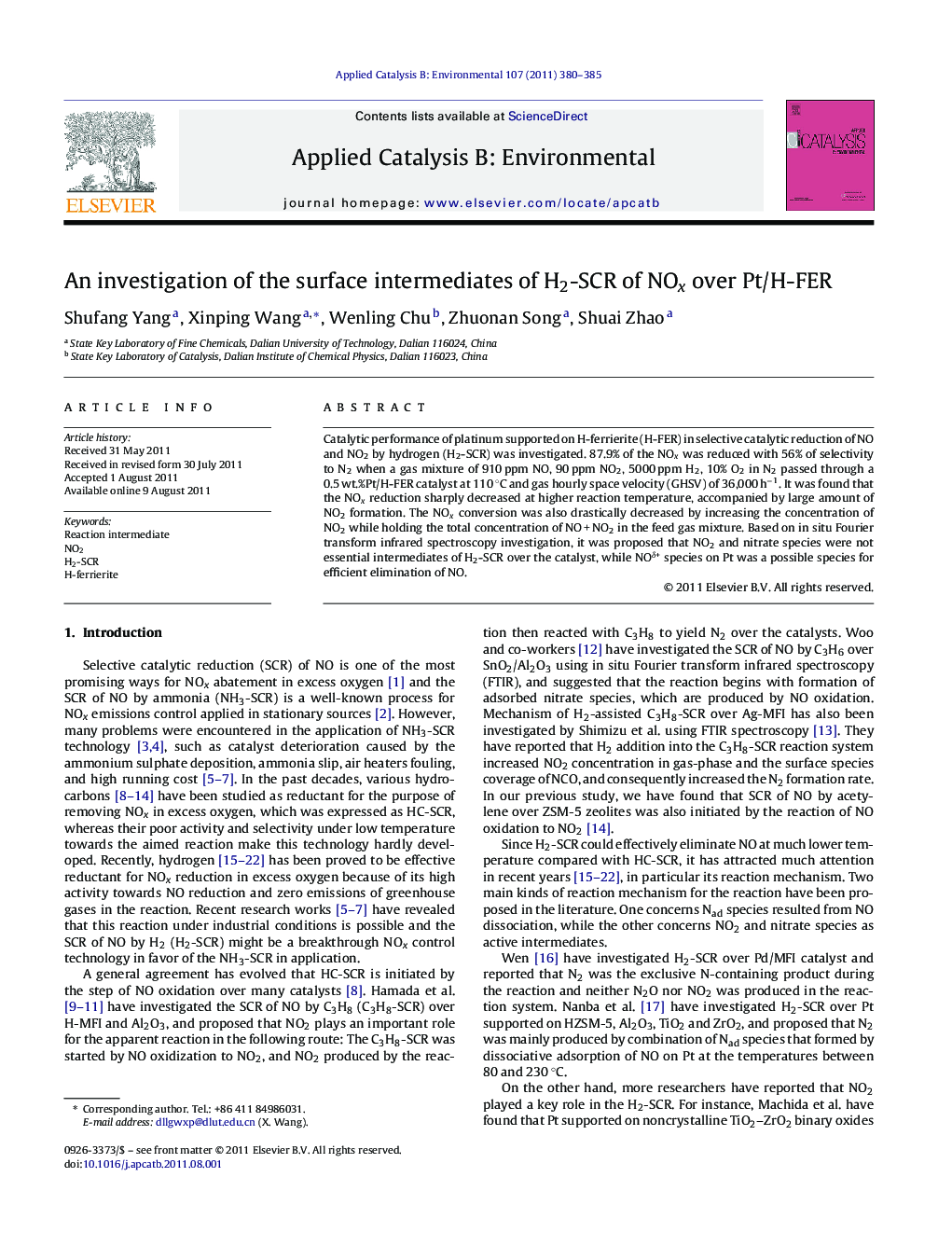 عکس صفحه اول مقاله: An investigation of the surface intermediates of H2-SCR of NOx over Pt/H-FER An investigation of the surface intermediates of H2-SCR of NOx over Pt/H-FER