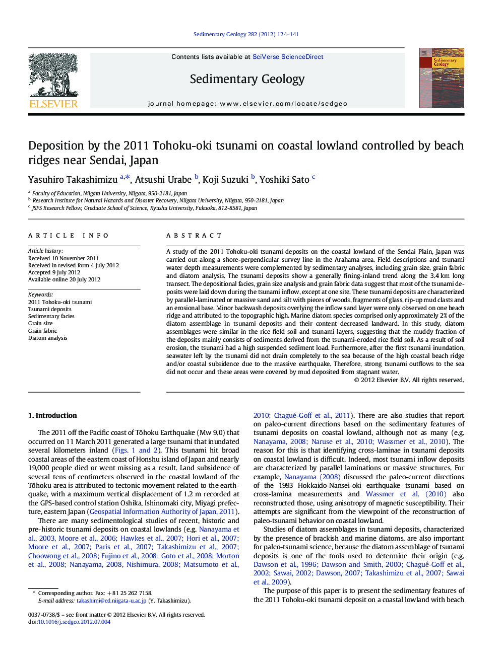 Deposition by the 2011 Tohoku-oki tsunami on coastal lowland controlled by beach ridges near Sendai, Japan