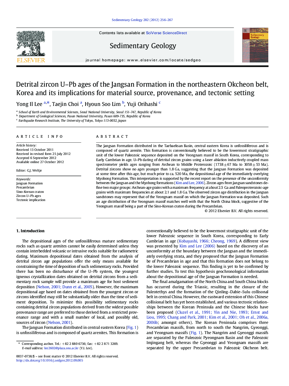 Detrital zircon U–Pb ages of the Jangsan Formation in the northeastern Okcheon belt, Korea and its implications for material source, provenance, and tectonic setting