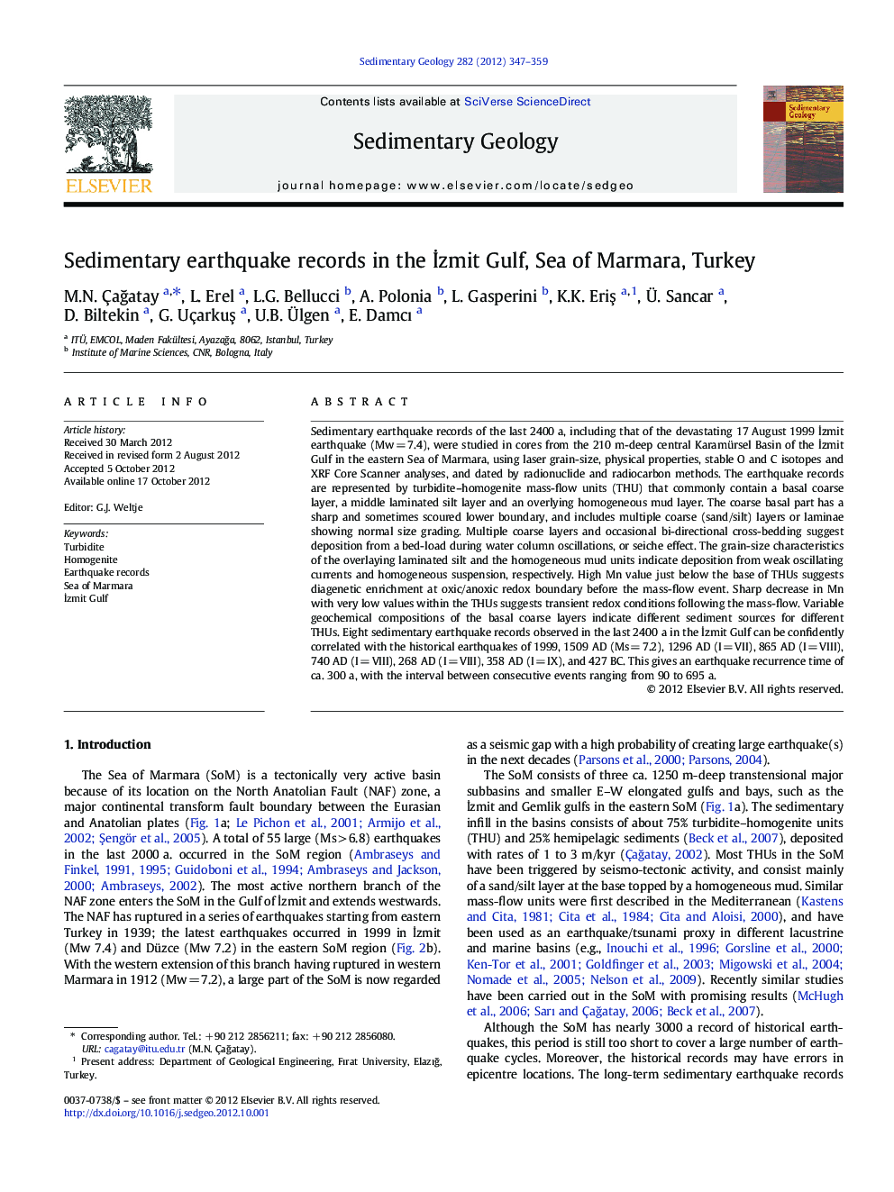 Sedimentary earthquake records in the İzmit Gulf, Sea of Marmara, Turkey