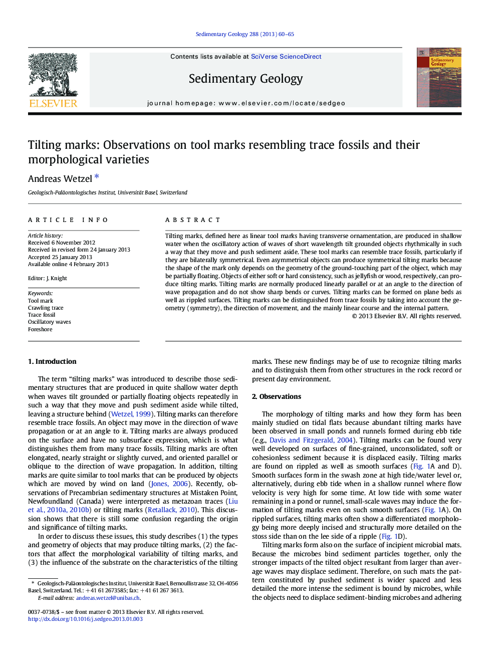 Tilting marks: Observations on tool marks resembling trace fossils and their morphological varieties