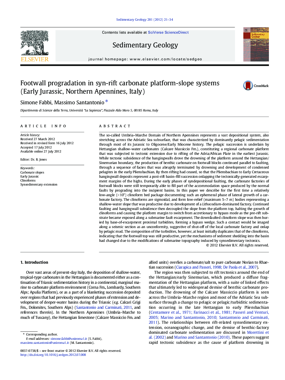 Footwall progradation in syn-rift carbonate platform-slope systems (Early Jurassic, Northern Apennines, Italy)