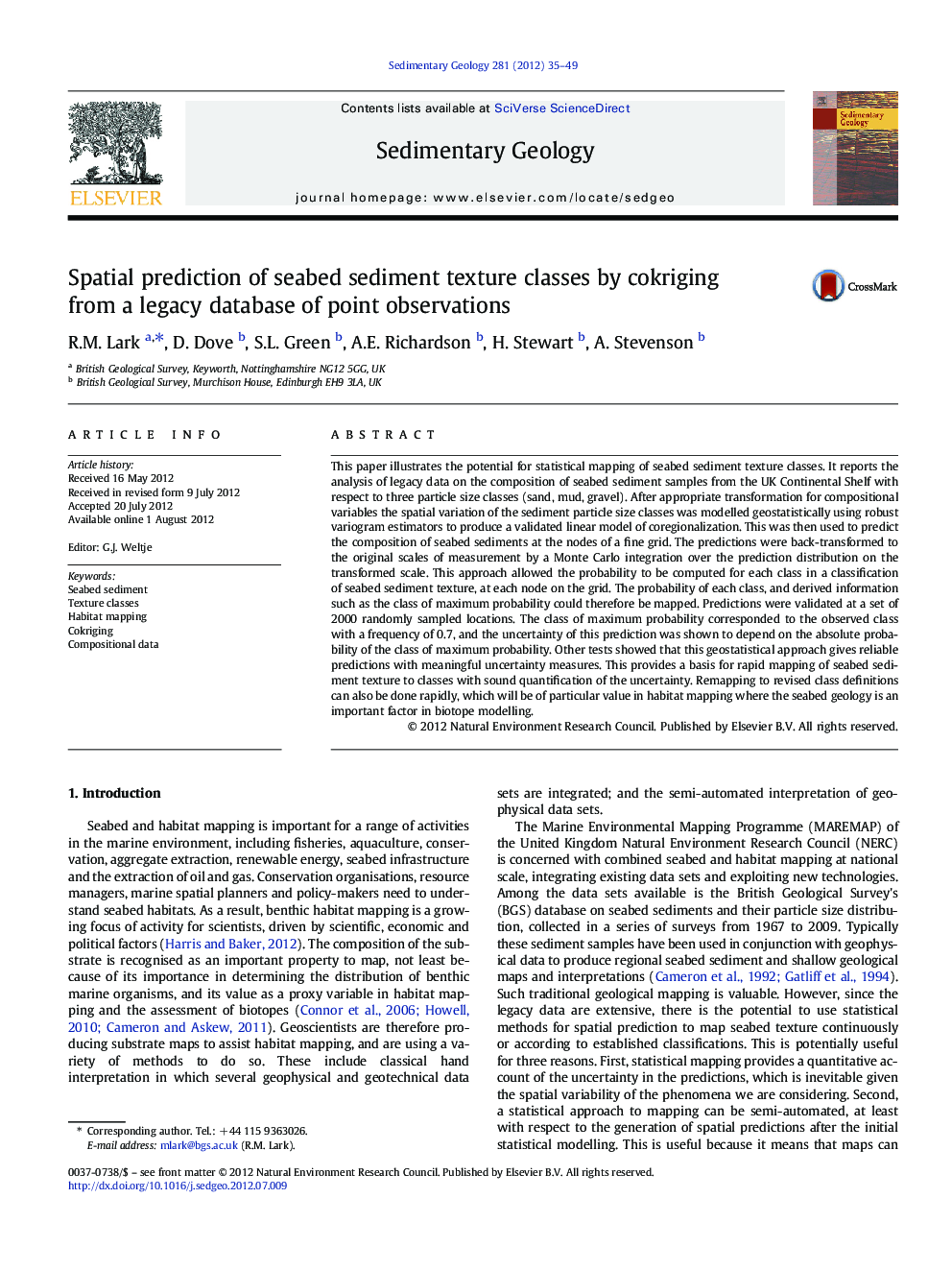 Spatial prediction of seabed sediment texture classes by cokriging from a legacy database of point observations