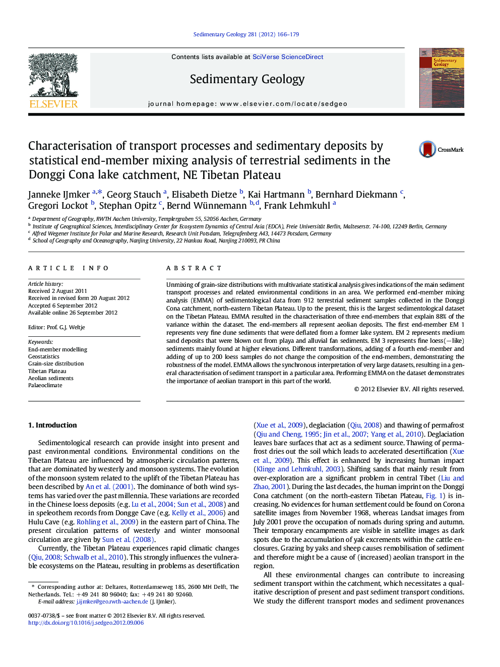 Characterisation of transport processes and sedimentary deposits by statistical end-member mixing analysis of terrestrial sediments in the Donggi Cona lake catchment, NE Tibetan Plateau