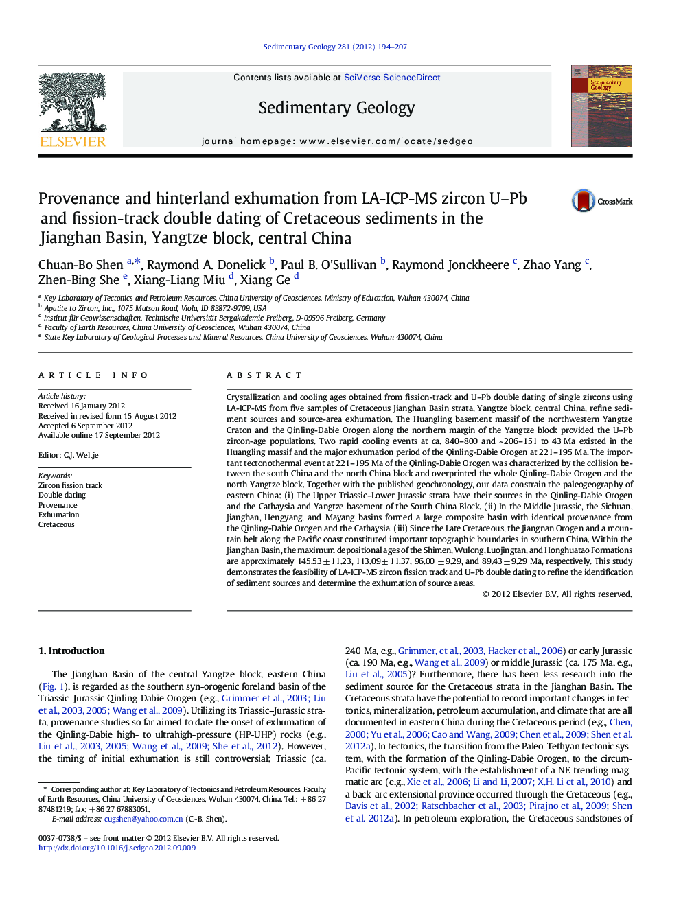 Provenance and hinterland exhumation from LA-ICP-MS zircon U–Pb and fission-track double dating of Cretaceous sediments in the Jianghan Basin, Yangtze block, central China