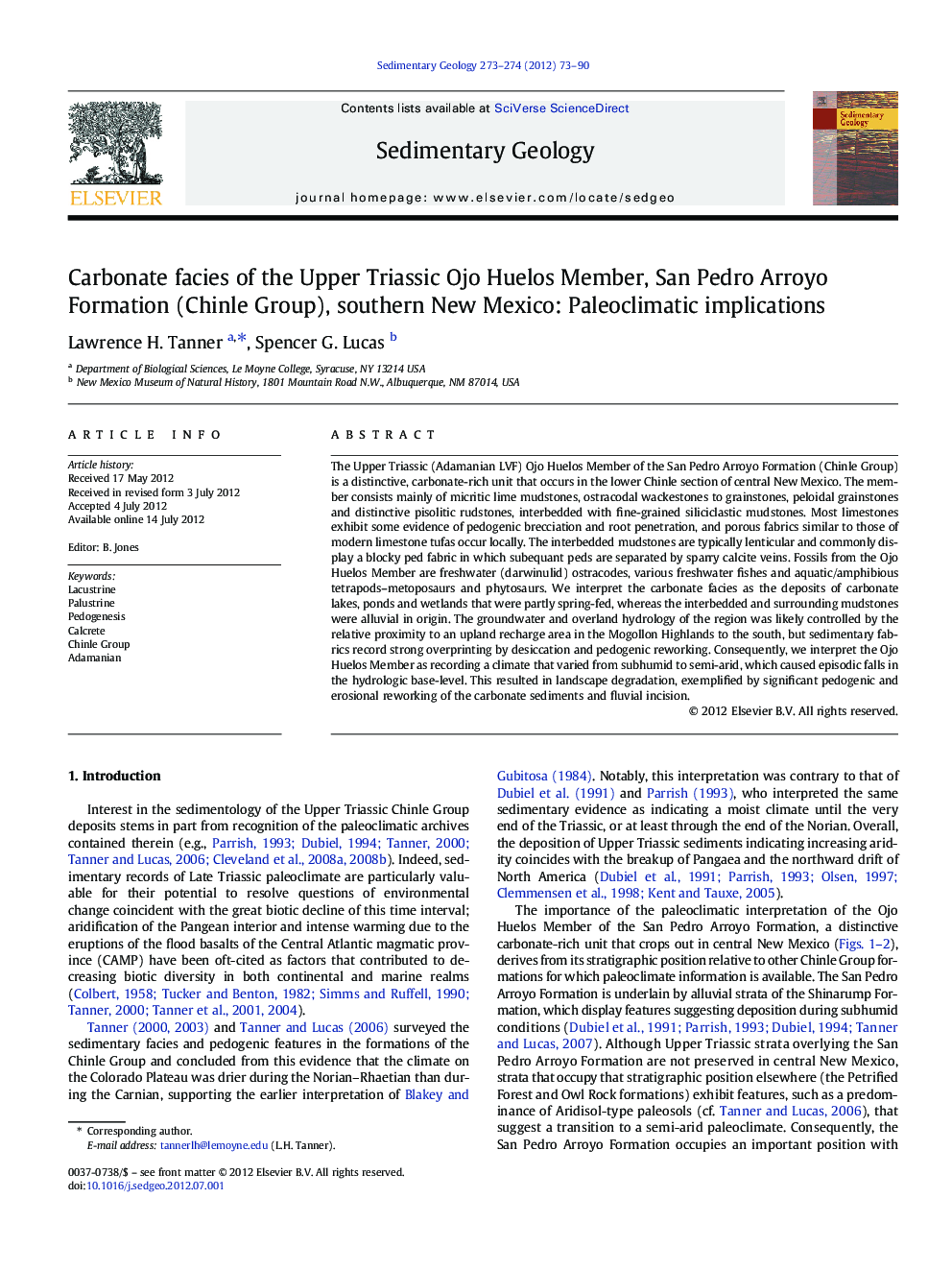 Carbonate facies of the Upper Triassic Ojo Huelos Member, San Pedro Arroyo Formation (Chinle Group), southern New Mexico: Paleoclimatic implications