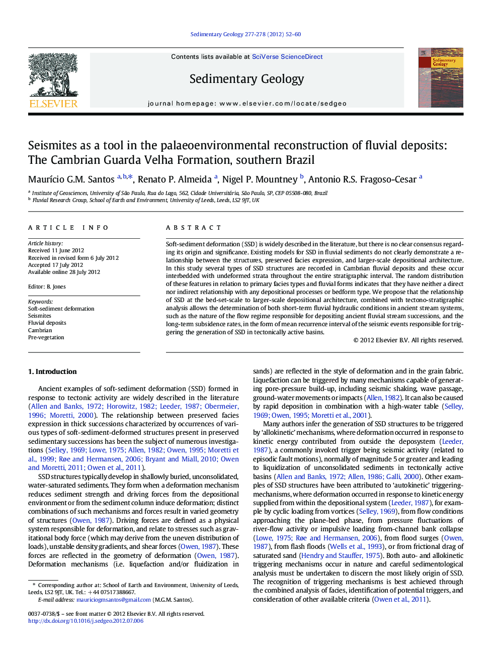 Seismites as a tool in the palaeoenvironmental reconstruction of fluvial deposits: The Cambrian Guarda Velha Formation, southern Brazil