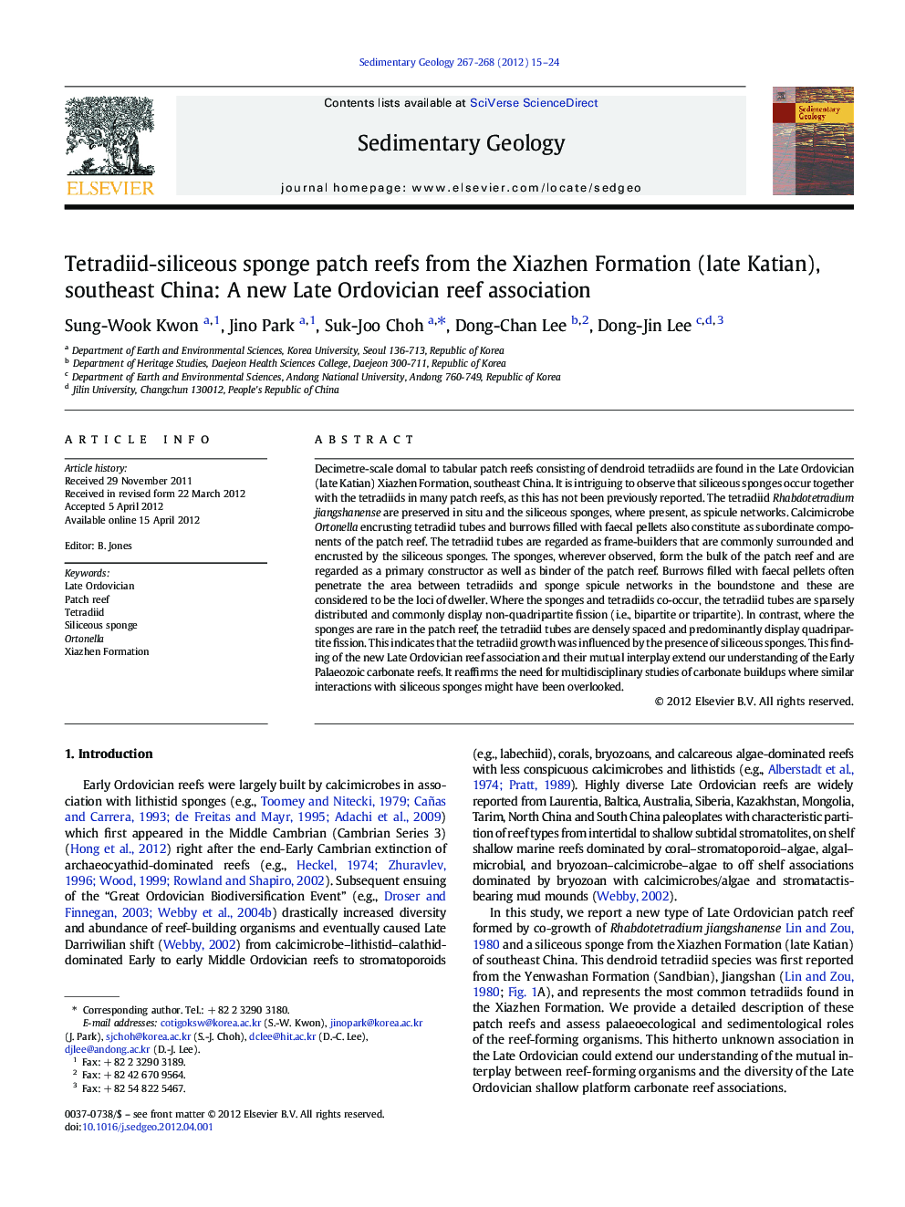Tetradiid-siliceous sponge patch reefs from the Xiazhen Formation (late Katian), southeast China: A new Late Ordovician reef association