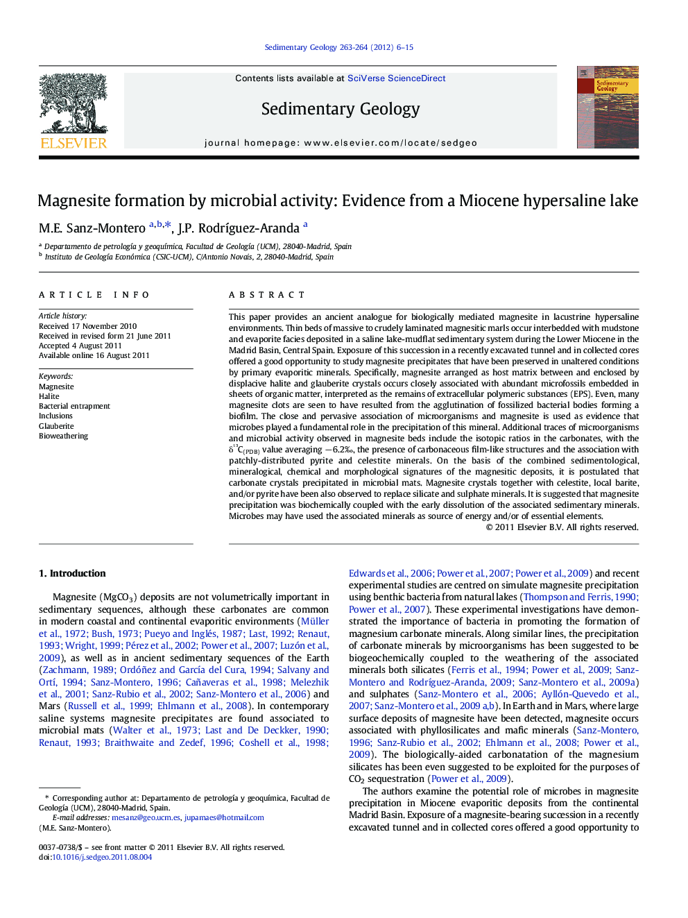 Magnesite formation by microbial activity: Evidence from a Miocene hypersaline lake