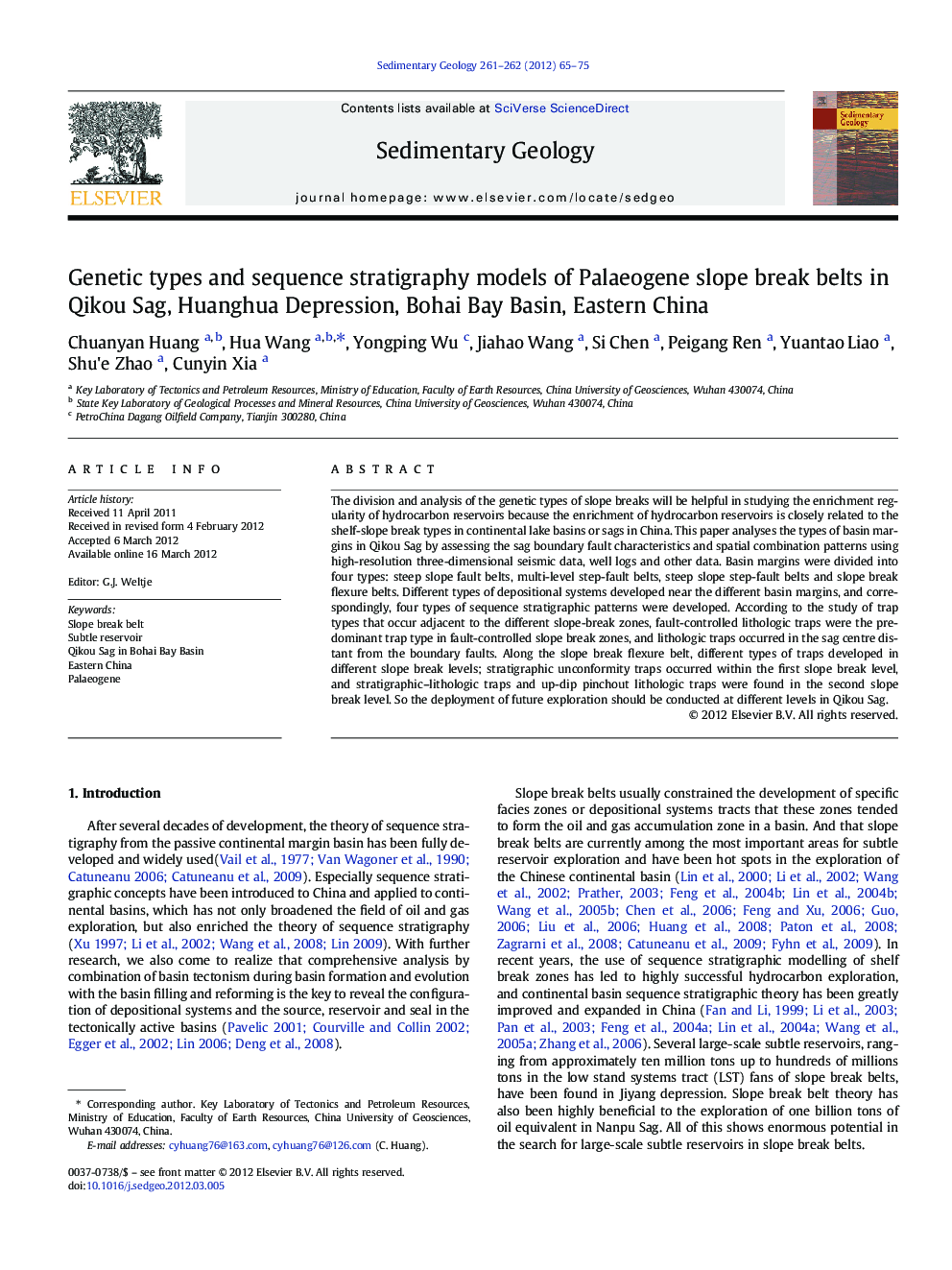 Genetic types and sequence stratigraphy models of Palaeogene slope break belts in Qikou Sag, Huanghua Depression, Bohai Bay Basin, Eastern China