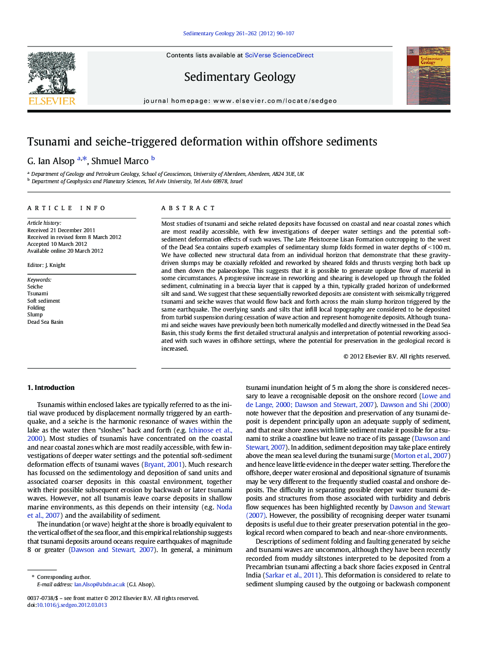 Tsunami and seiche-triggered deformation within offshore sediments