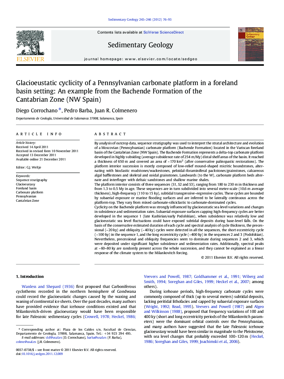 Glacioeustatic cyclicity of a Pennsylvanian carbonate platform in a foreland basin setting: An example from the Bachende Formation of the Cantabrian Zone (NW Spain)