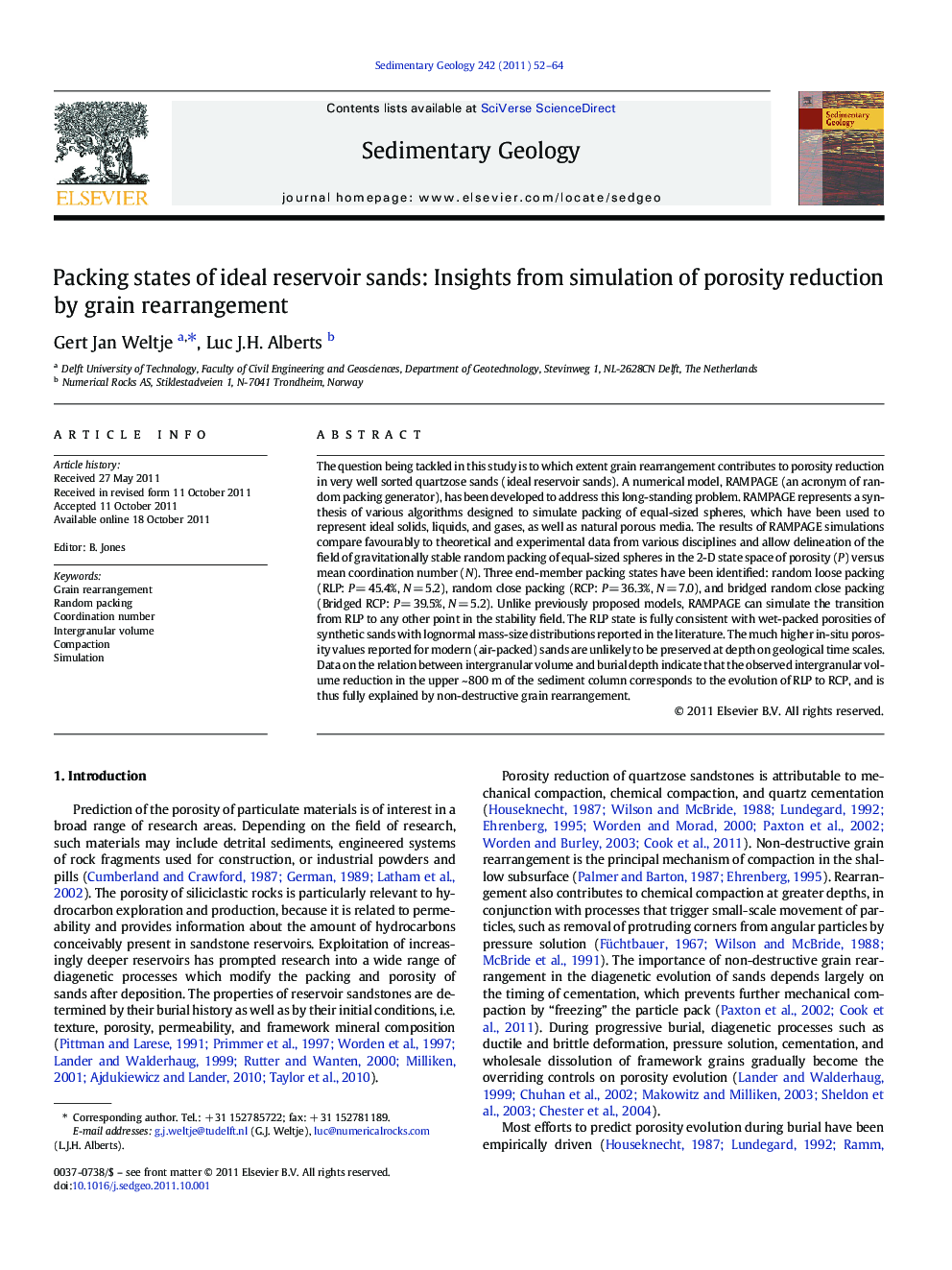 Packing states of ideal reservoir sands: Insights from simulation of porosity reduction by grain rearrangement