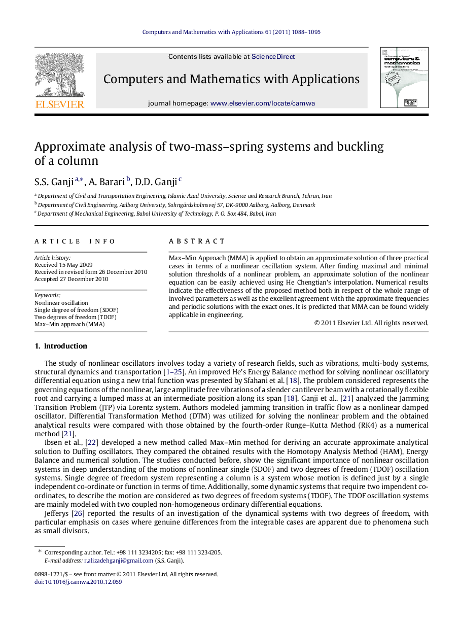 Approximate analysis of two-mass–spring systems and buckling of a column