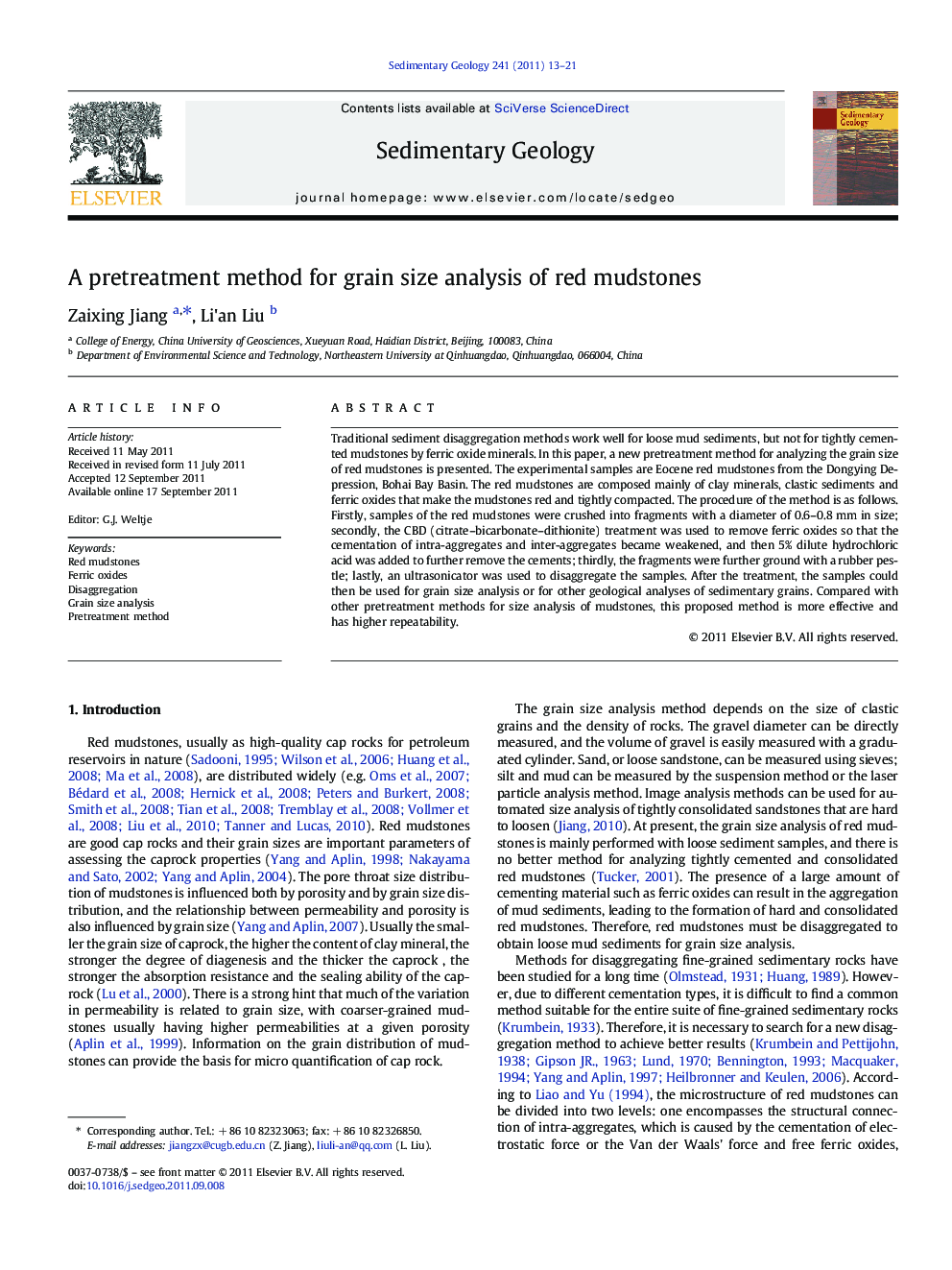 A pretreatment method for grain size analysis of red mudstones