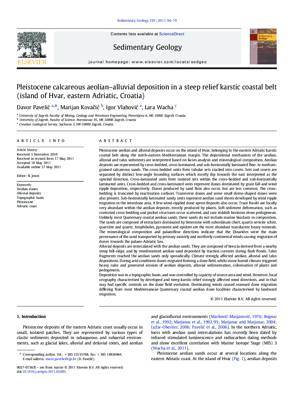 Pleistocene calcareous aeolian–alluvial deposition in a steep relief karstic coastal belt (island of Hvar, eastern Adriatic, Croatia)